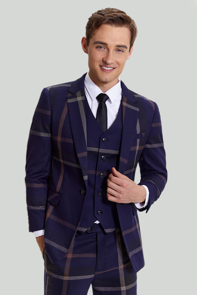 Load image into Gallery viewer, Men's 3 Piece One Button Navy Plaid Tuxedo
