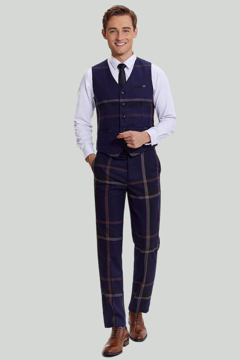 Load image into Gallery viewer, Men's 3 Piece One Button Navy Plaid Tuxedo
