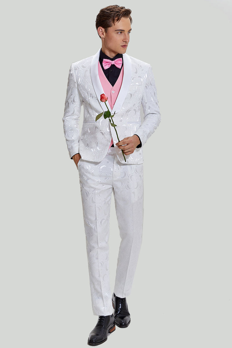 Load image into Gallery viewer, White Jacquard Satin 2 Piece Shawl Lapel Men's Prom Suits