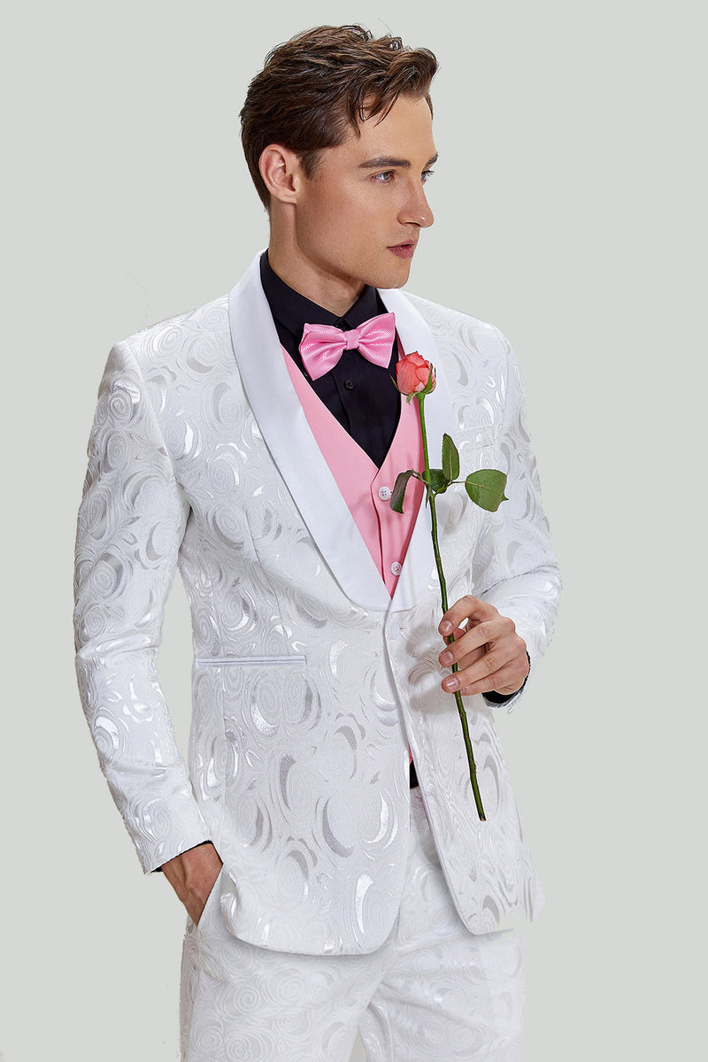 Load image into Gallery viewer, White Jacquard Satin 2 Piece Shawl Lapel Men's Prom Suits