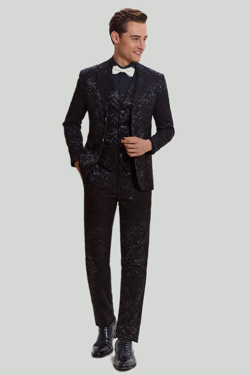 Load image into Gallery viewer, Men's Black 3-piece Jacquard Jacket Vest Pants Suit