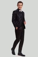 Load image into Gallery viewer, Men's Black 3-piece Jacquard Jacket Vest Pants Suit