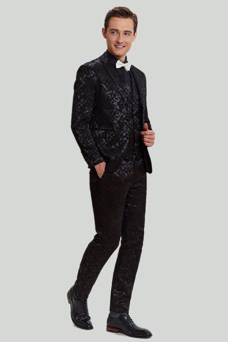 Load image into Gallery viewer, Men's Black 3-piece Jacquard Jacket Vest Pants Suit