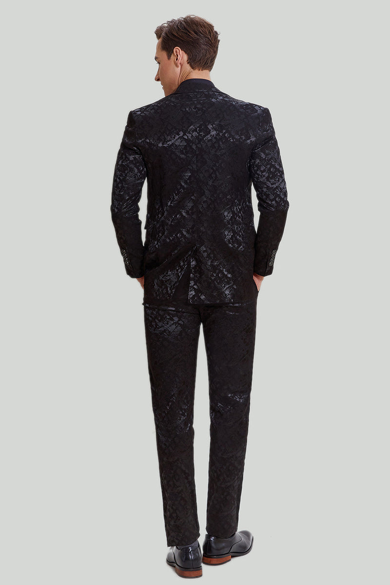 Load image into Gallery viewer, Men's Black 3-piece Jacquard Jacket Vest Pants Suit