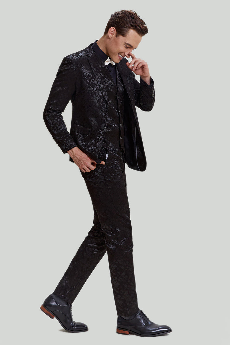 Load image into Gallery viewer, Men's Black 3-piece Jacquard Jacket Vest Pants Suit