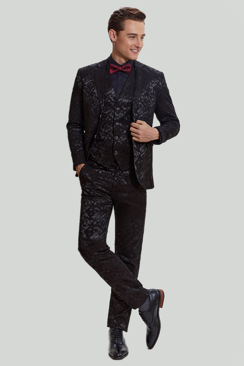 Load image into Gallery viewer, Men's Black 3-piece Jacquard Jacket Vest Pants Suit