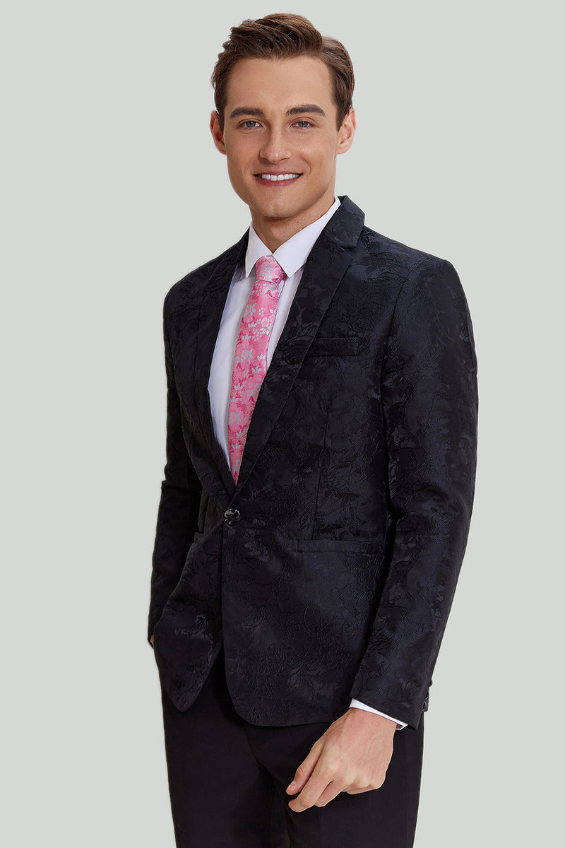 Load image into Gallery viewer, Black Jacquard Satin Notched Lapel Men's Blazer