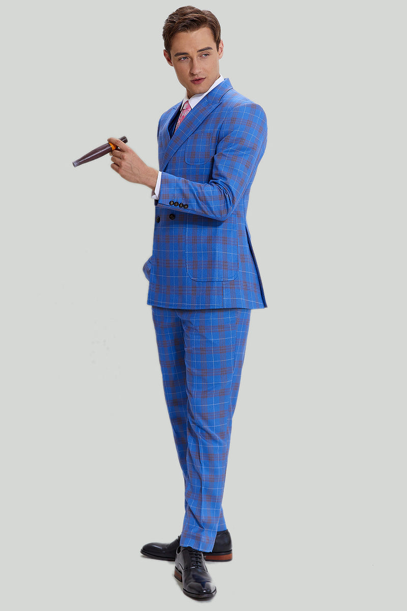 Load image into Gallery viewer, Blue Plaid Men's 3 Piece Tuxedo Suits