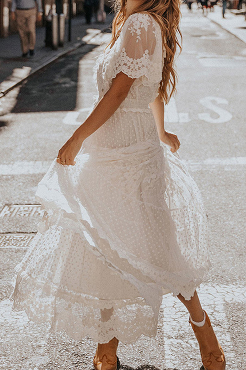 Hellymoon Women White Graduation Dress A Line Short Sleeves Lace Midi  Summer Dress – hellymoonuk