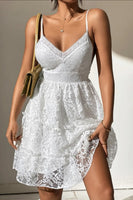 Load image into Gallery viewer, Cute A-Line Spaghetti Straps Mini Lace White Graduation Dress