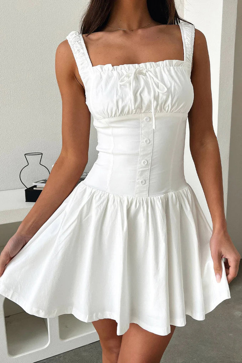 Hellymoon Women Graduation Dress White A-Line Square Neck Little White Dress – hellymoonuk