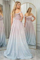 Load image into Gallery viewer, Glitter A-line Off the Shoulder Grey Pink Prom Dress with Pleated