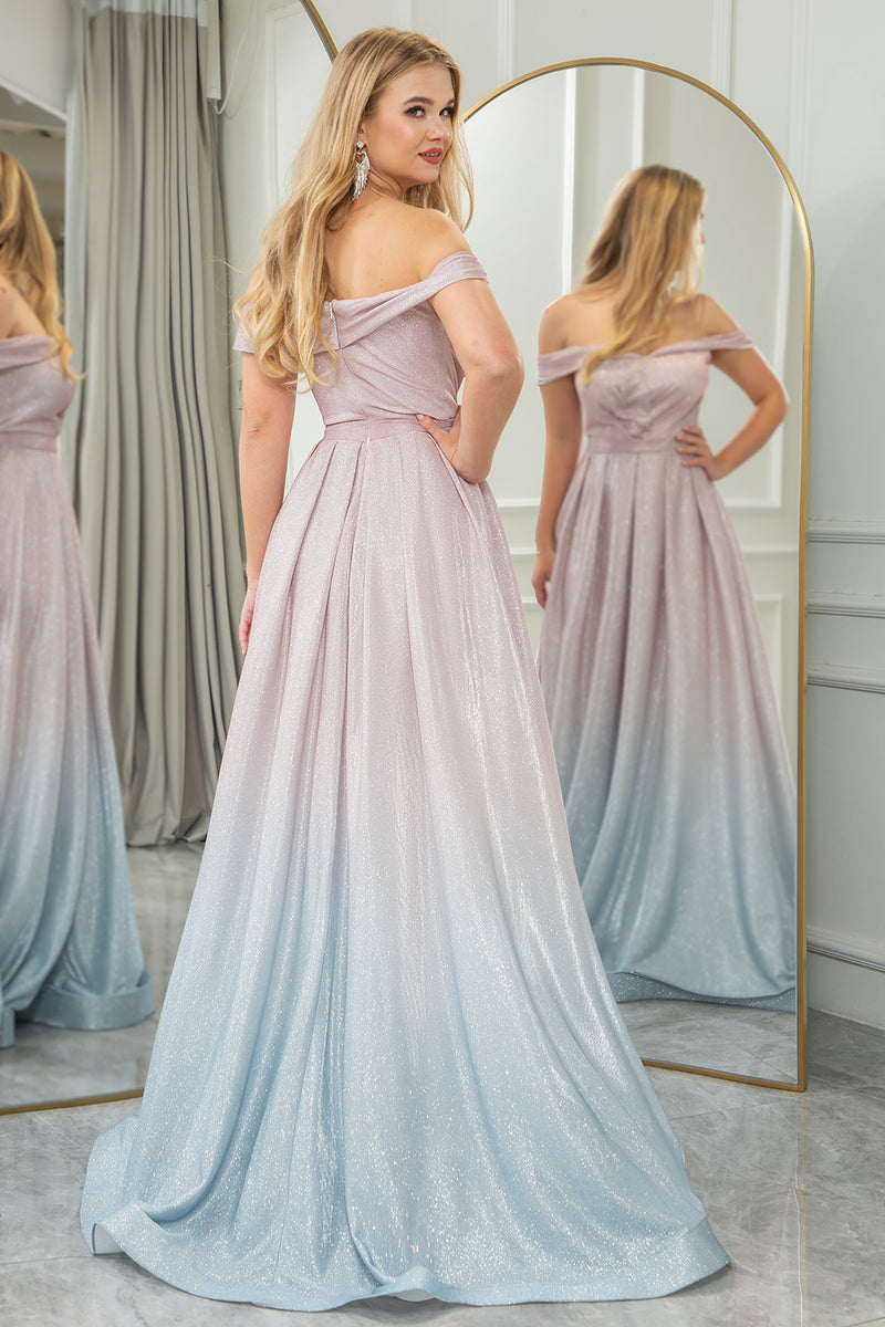 Load image into Gallery viewer, Glitter A-line Off the Shoulder Grey Pink Prom Dress with Pleated