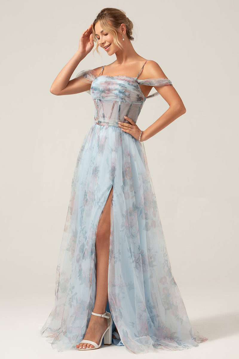 Load image into Gallery viewer, Cold Shoulder A-Line Blue Printed Long Corset Prom Dress with Slit