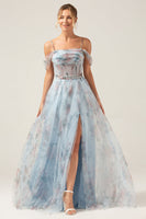 Load image into Gallery viewer, Cold Shoulder A-Line Blue Printed Long Corset Prom Dress with Slit