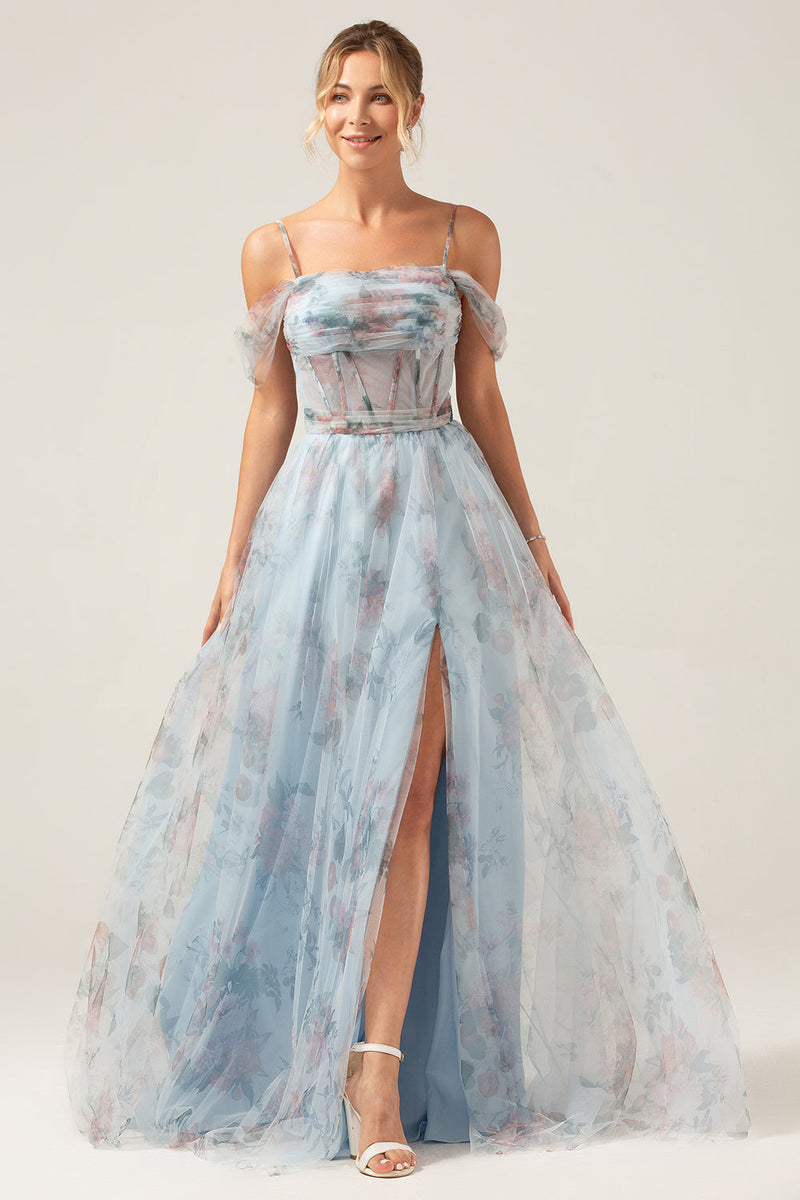 Load image into Gallery viewer, Cold Shoulder A-Line Blue Printed Long Corset Prom Dress with Slit