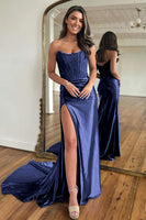 Load image into Gallery viewer, Dark Green Mermaid Strapless Satin Corset Prom Dress with Slit