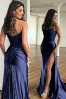 Load image into Gallery viewer, Dark Green Mermaid Strapless Satin Corset Prom Dress with Slit