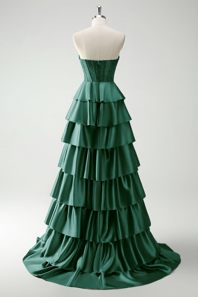 Load image into Gallery viewer, Green Sweetheart Princess Tiered Long Corset Prom Dress