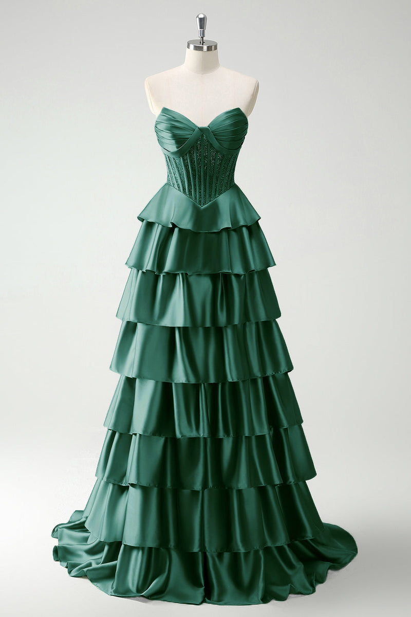 Load image into Gallery viewer, Green Sweetheart Princess Tiered Long Corset Prom Dress