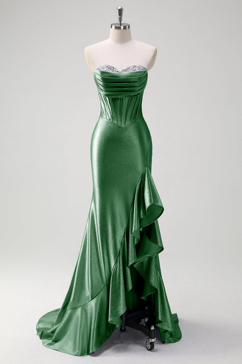 Load image into Gallery viewer, Sparkly Grey Blue Mermaid Strapless Corset Long Prom Dress