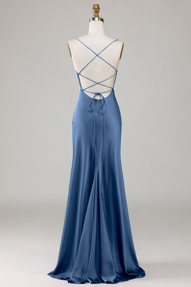 Hellymoon Women Dusty Blue Satin Simple Prom Dress with Slit Lace
