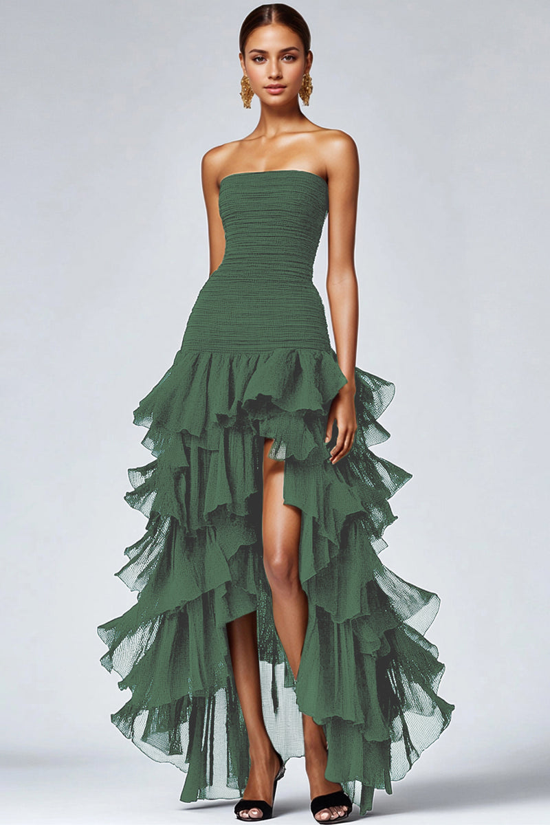 Load image into Gallery viewer, Black Strapless Tulle Tiered Ruffles Formal Dress