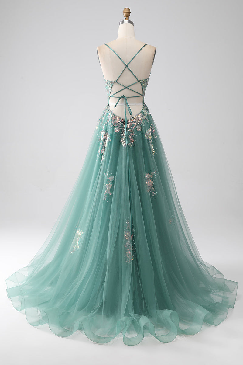 Load image into Gallery viewer, Green A-Line Spaghetti Straps Long Prom Dress With Sparkly Sequin Appliques