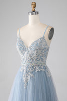 Load image into Gallery viewer, Grey Blue Mermaid Spaghetti Straps Sparkly Sequin Long Prom Dress