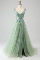 Load image into Gallery viewer, Gorgeous A Line V Neck Light Green Long Prom Dress with Appliques
