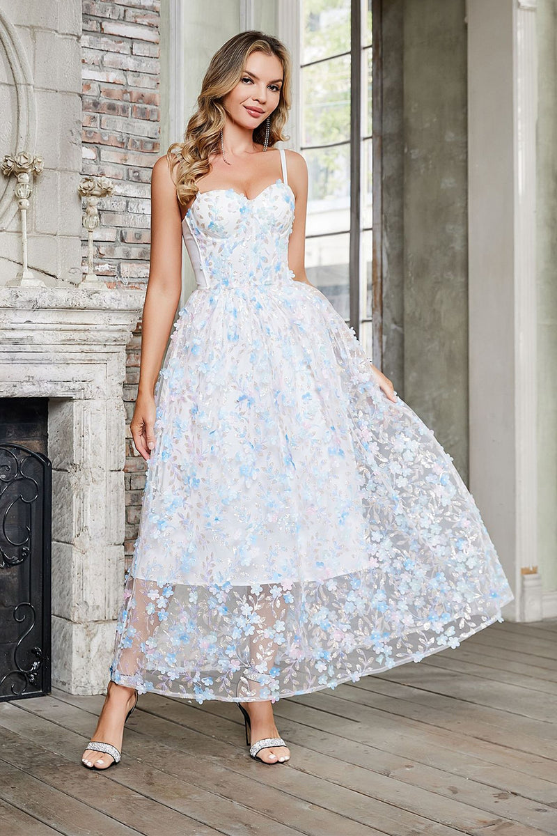 Load image into Gallery viewer, Glitter A Line Spaghetti Straps Tea Length Graduation Dress with Appliques