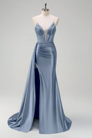 Load image into Gallery viewer, Navy Mermaid V Neck Corset Beaded Prom Dress with Slit