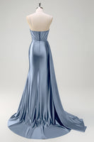 Load image into Gallery viewer, Navy Mermaid V Neck Corset Beaded Prom Dress with Slit