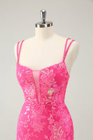Load image into Gallery viewer, Gorgeous Hot Pink Bodycon Lace Up Glittler Short Graduation Dress with Slit