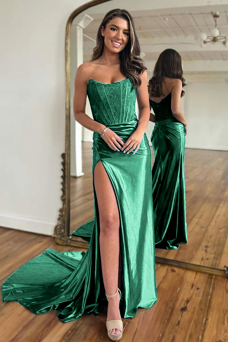 Load image into Gallery viewer, Dark Green Mermaid Strapless Satin Corset Prom Dress with Slit