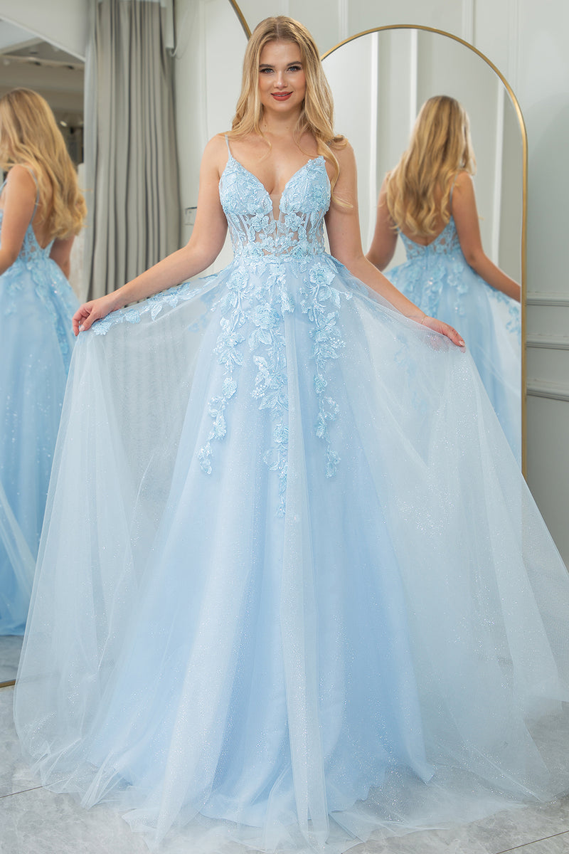 Load image into Gallery viewer, Light Blue A Line Spaghetti Straps Tulle Long Prom Dress with Appliques