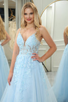 Load image into Gallery viewer, Light Blue A Line Spaghetti Straps Tulle Long Prom Dress with Appliques