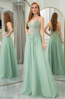 Load image into Gallery viewer, Green A Line Spaghetti Straps Tulle Long Prom Dress with Appliques
