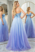 Load image into Gallery viewer, Blue A Line Spaghetti Straps Tulle Long Prom Dress with Appliques