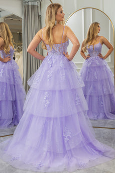 Lilac A Line Spaghetti Straps Tulle Long Prom Dress with Appliques