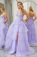 Load image into Gallery viewer, Lilac A Line Spaghetti Straps Tulle Long Prom Dress with Appliques