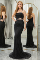Load image into Gallery viewer, Black Mermaid Spaghetti Straps Long Prom Dress
