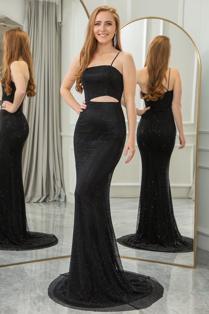 Load image into Gallery viewer, Black Mermaid Spaghetti Straps Long Prom Dress