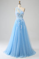 Load image into Gallery viewer, Light Blue A-line One Shoulder Tulle Long Prom Dress with Appliques