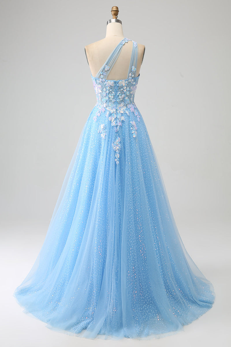 Load image into Gallery viewer, Light Blue A-line One Shoulder Tulle Long Prom Dress with Appliques