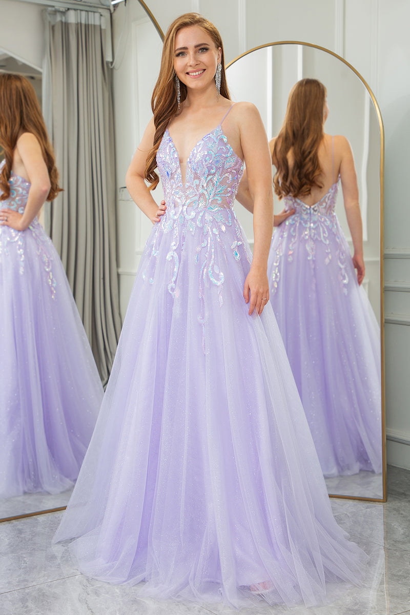 Load image into Gallery viewer, Lilac A Line Spaghetti Straps Tulle Long Prom Dress with Sequins
