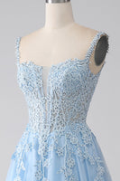 Load image into Gallery viewer, A-Line Light Blue Corset Prom Dress with Appliques