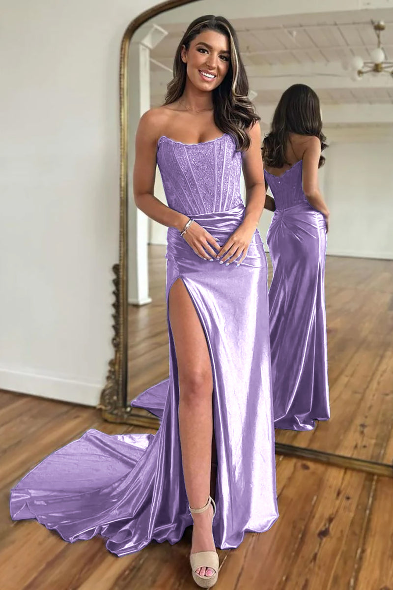 Load image into Gallery viewer, Dark Green Mermaid Strapless Satin Corset Prom Dress with Slit