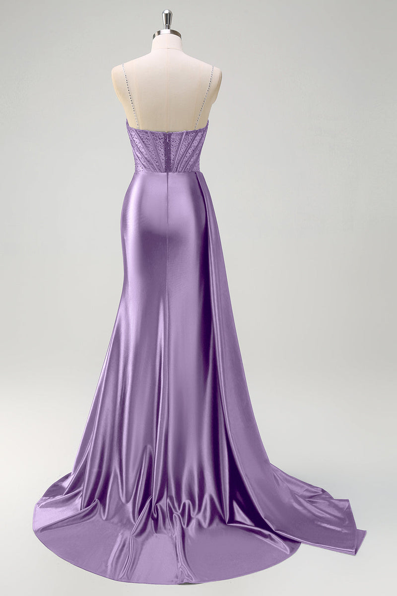 Load image into Gallery viewer, Navy Mermaid V Neck Corset Beaded Prom Dress with Slit