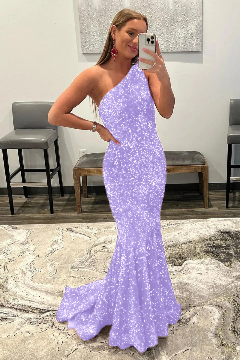 Load image into Gallery viewer, Coral One Shoulder Sequins Mermaid Sparkly Prom Dress